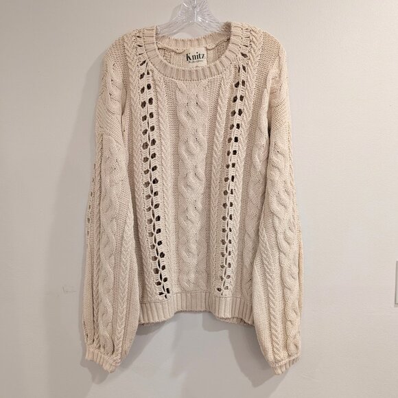 FOR LOVE & LEMONS KNITZ Wythe Bell Sleeve Sweater L Oversized Loose Weave Cream - Picture 5 of 14